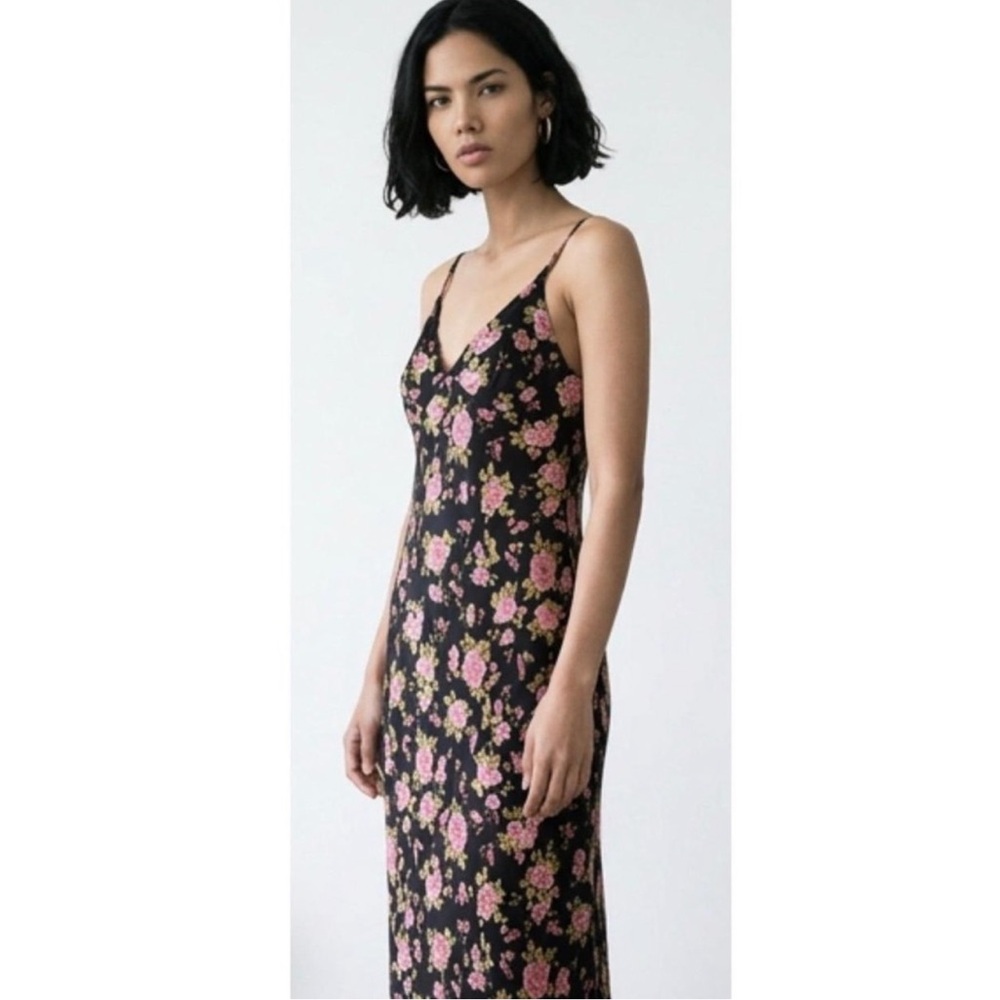 Zara pink roses Slip Dress satin lingerie black lace maxi sexy double straps XS
